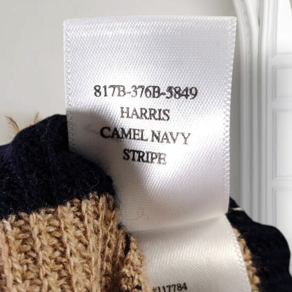 Rails Harris Merino Blend Sweater Size M Camel Navy Stripe Collared Neckline - Picture 12 of 12